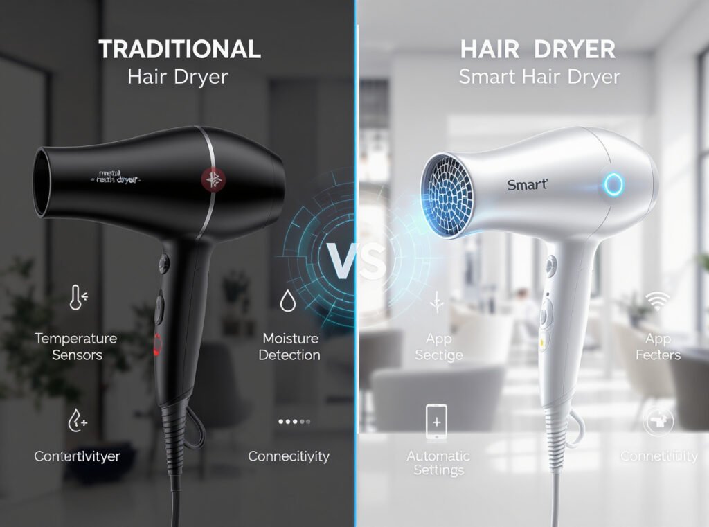 Smart hair dryer features comparison showing advanced sensor technology and app connectivity