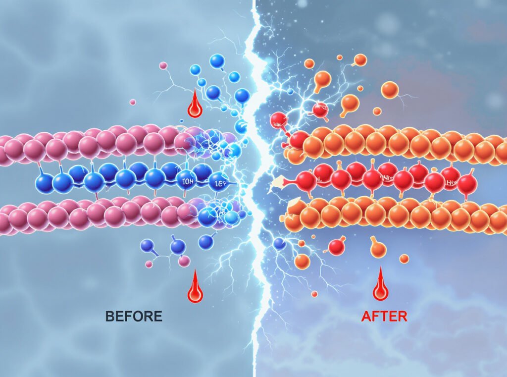 Molecular diagram protein denaturation keratin chains breaking heat damage hair