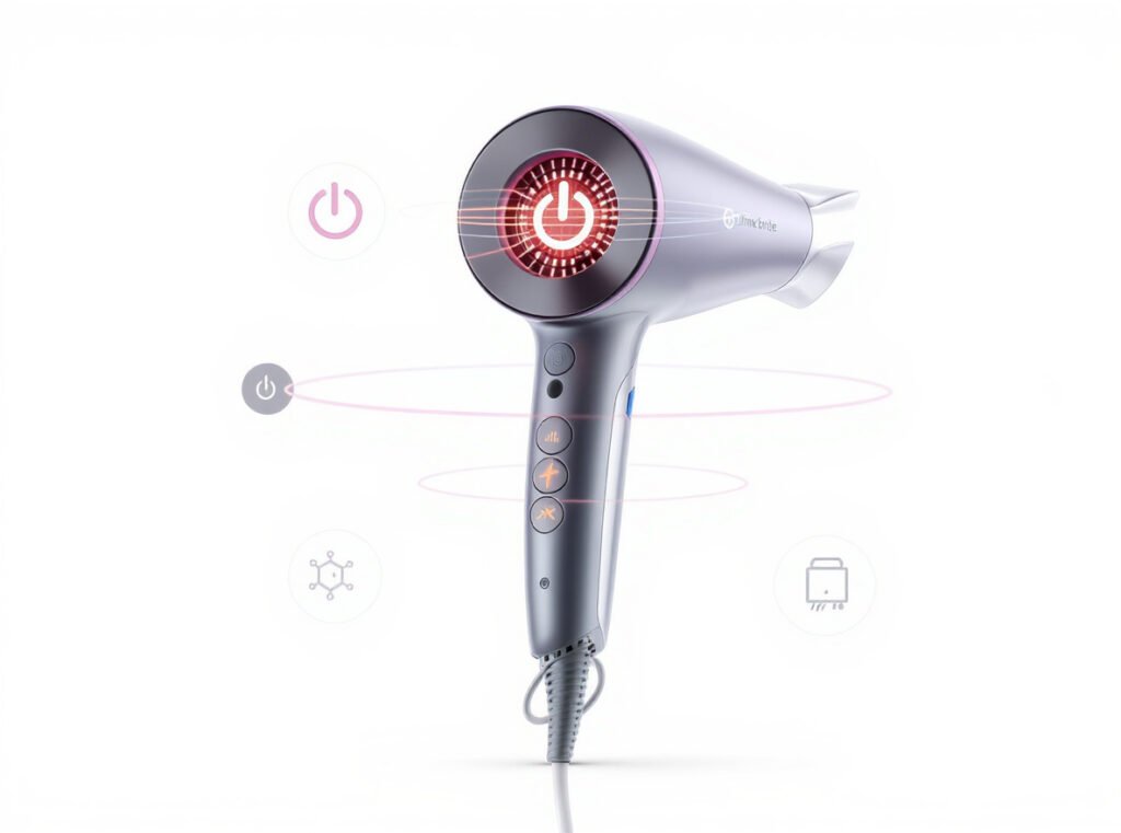 Modern lightweight hair dryer with high wattage showing advanced motor technology