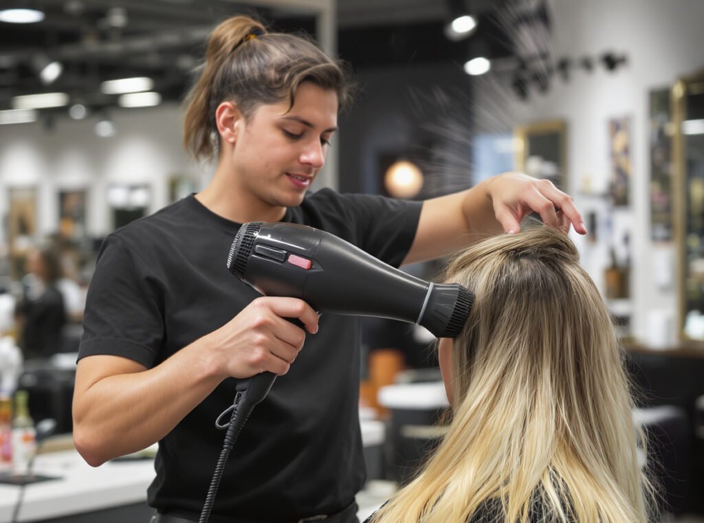Professional stylist using handheld blow dryer for quick styling and volume creation