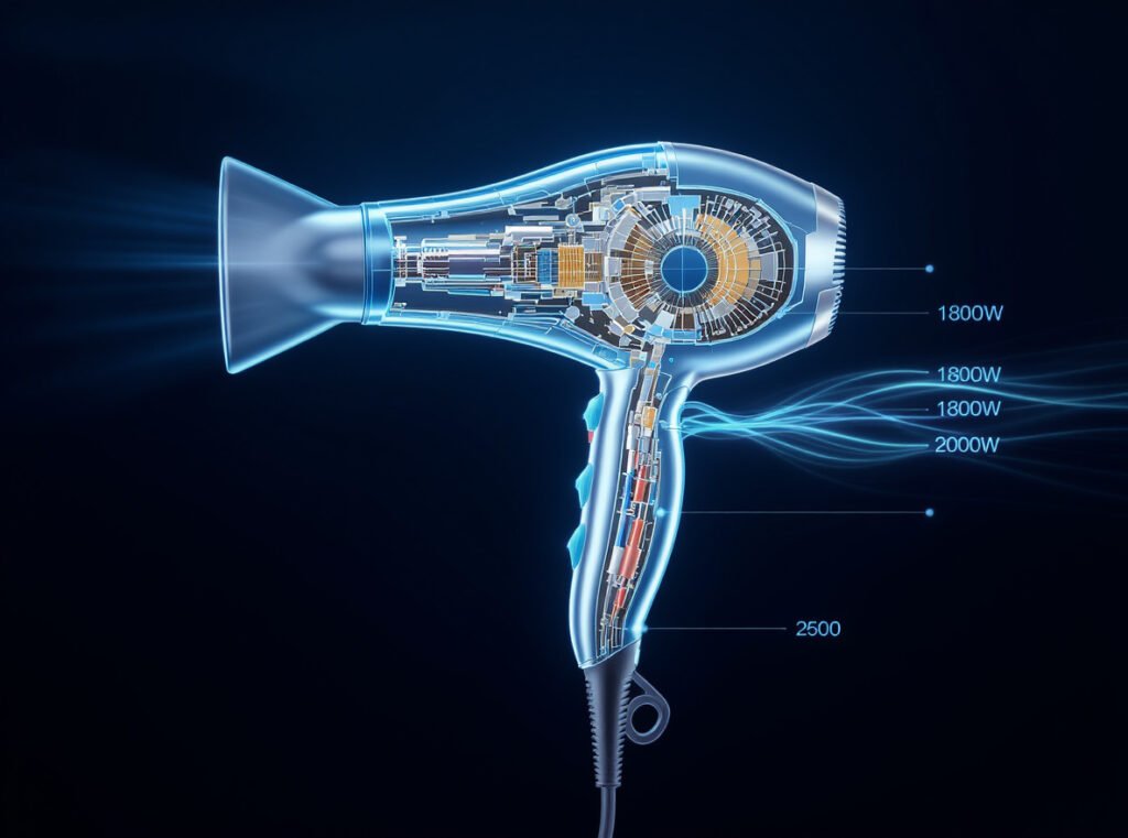 Hair dryer motor diagram showing optimal 1800-2000 watt power range for curly hair drying