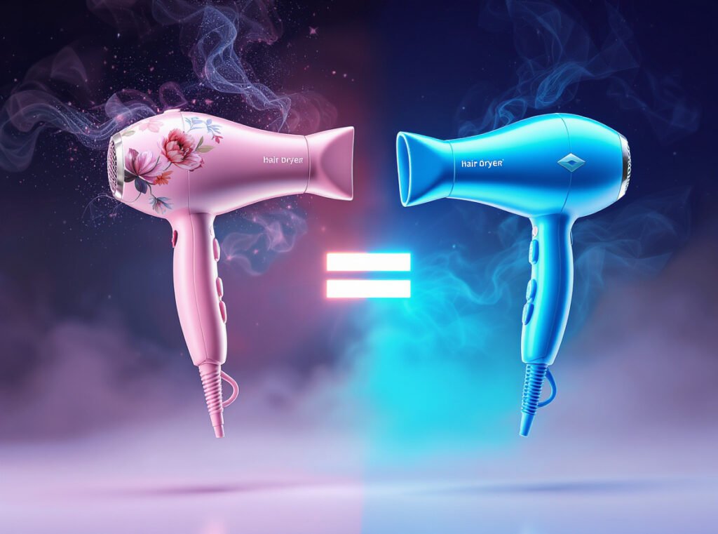 Gender marketing comparison showing identical hair dryers with different packaging