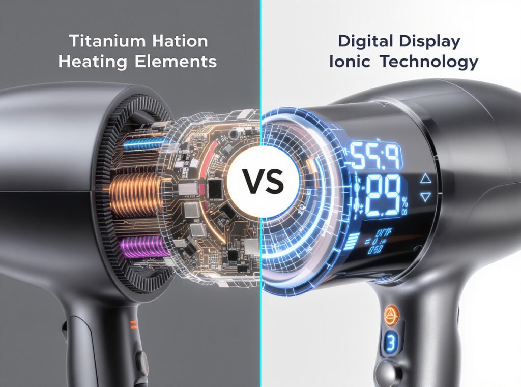 Professional hair dryer technology comparison - titanium vs digital features