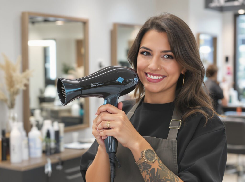 Professional hair stylist using lightweight hair dryer for comfortable extended use