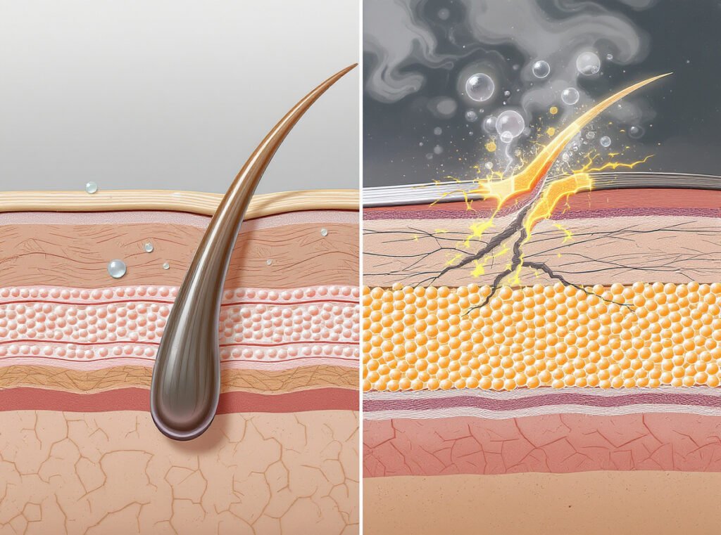 Wet hair heat damage showing steam bubble formation water evaporation hair shaft cracks