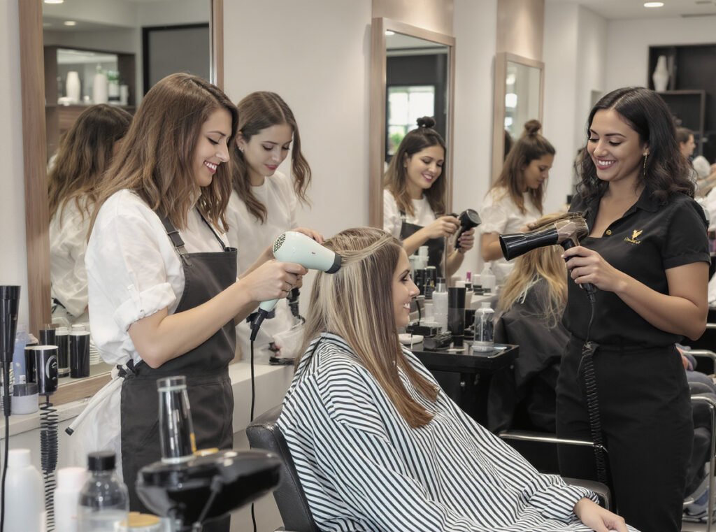 Professional stylists reviewing hair dryer performance in salon environment