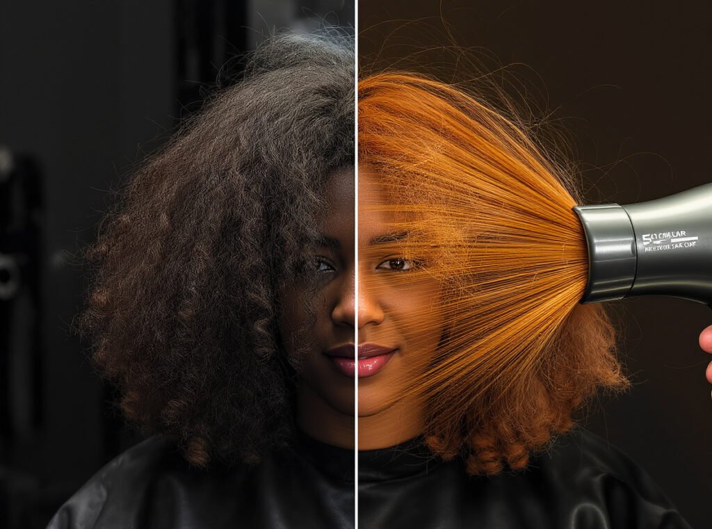 Powerful hair dryer effectively drying thick curly hair with strong airflow