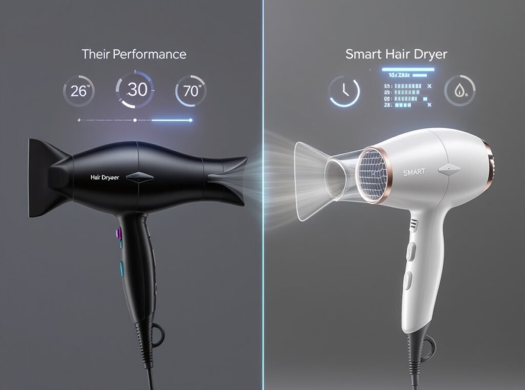 Performance comparison between traditional and Bluetooth smart hair dryers showing efficiency metrics