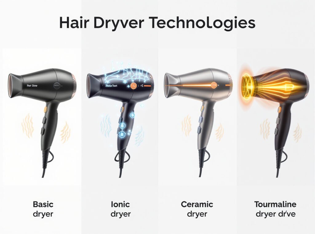 Hair dryer technology comparison ionic ceramic tourmaline heat distribution patterns