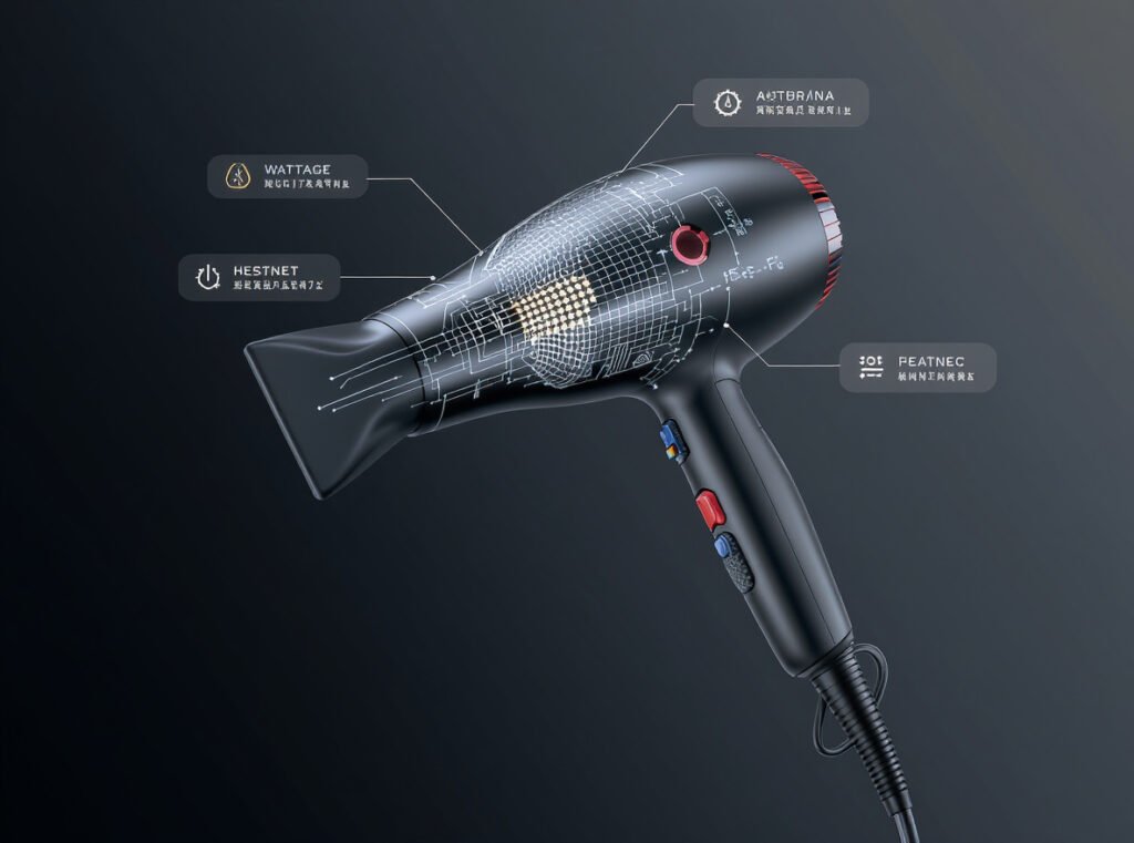 Professional hair dryer technical specifications and features for men