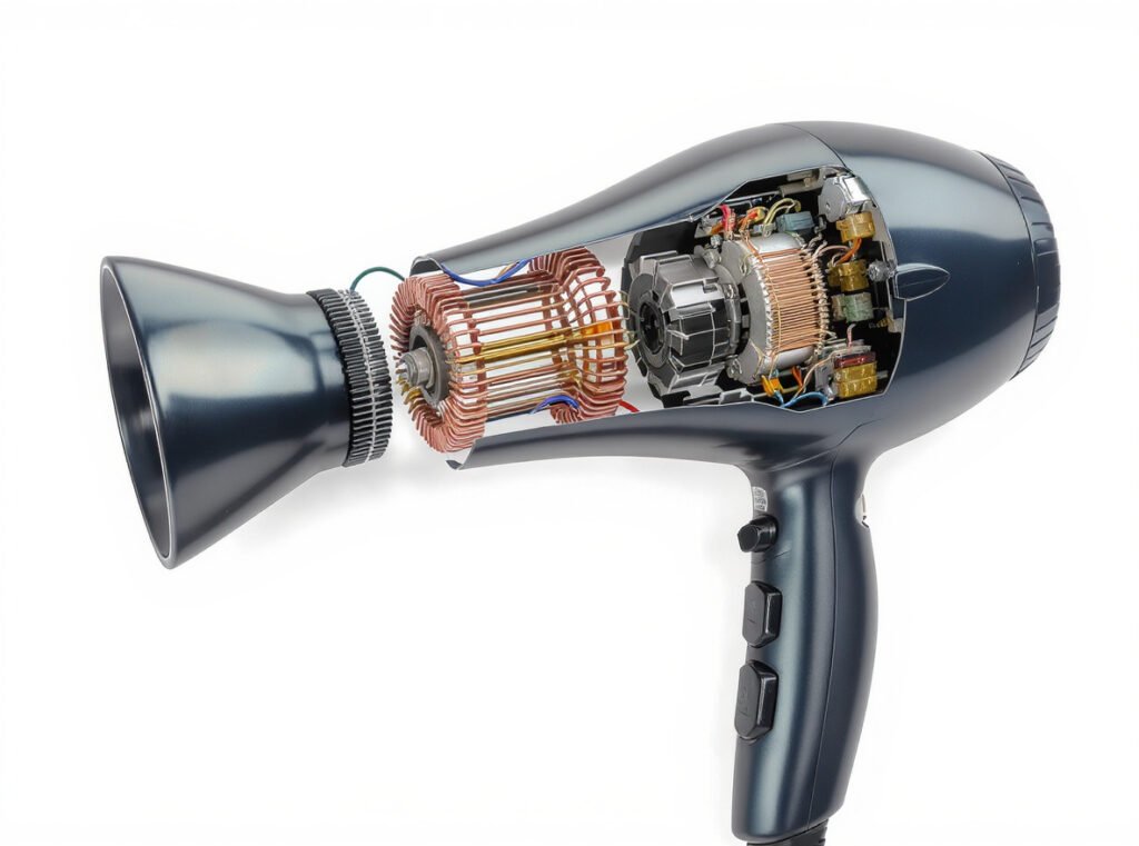 Hair dryer internal wiring components including heating elements, motor, and safety circuits