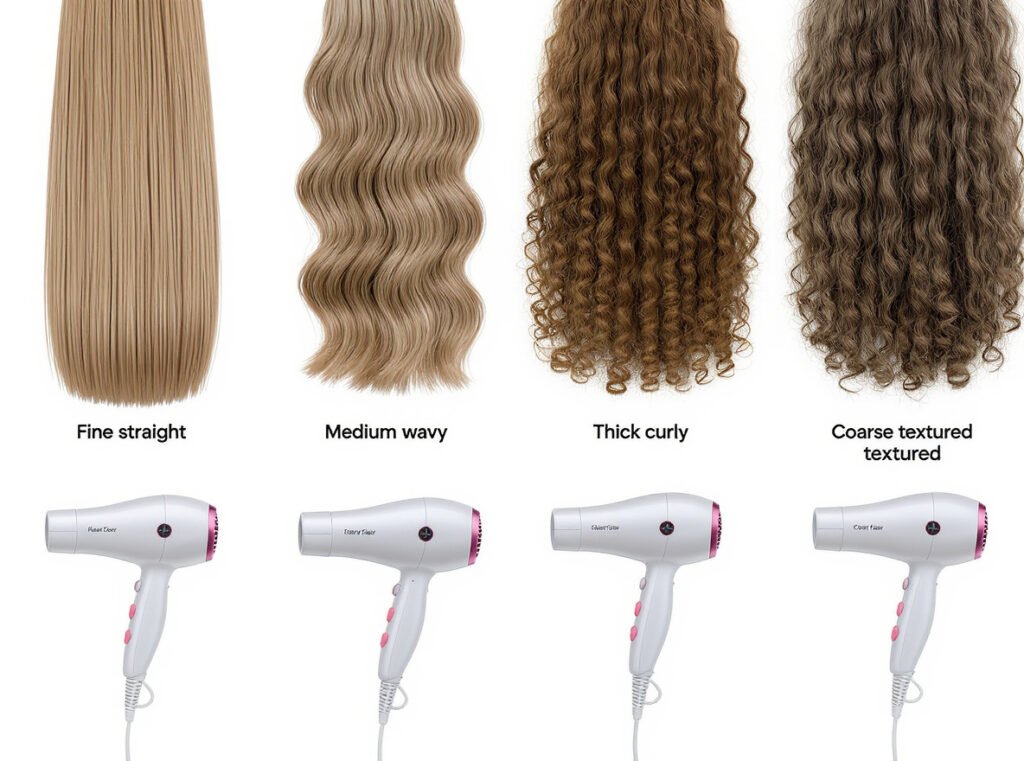 Different hair types with recommended hair dryer specifications for each texture
