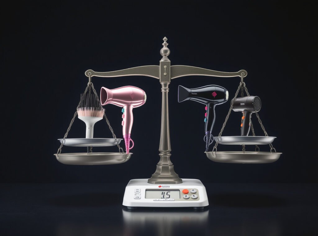 Hair dryers on balance scale showing optimal weight ranges for different users
