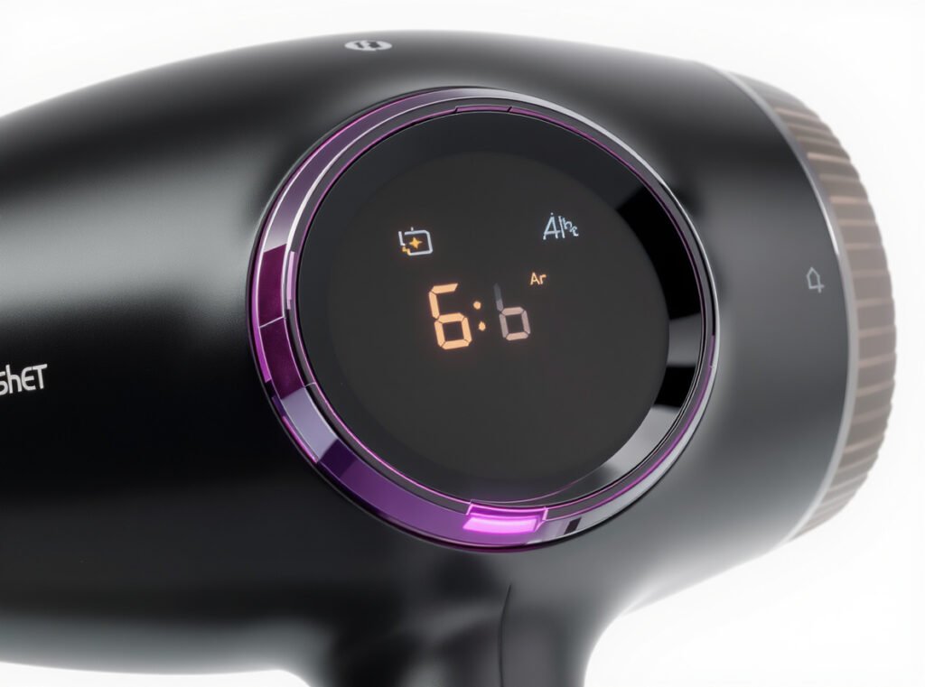 Hair dryer digital control panel showing multiple heat and speed settings with cool shot button for curly hair