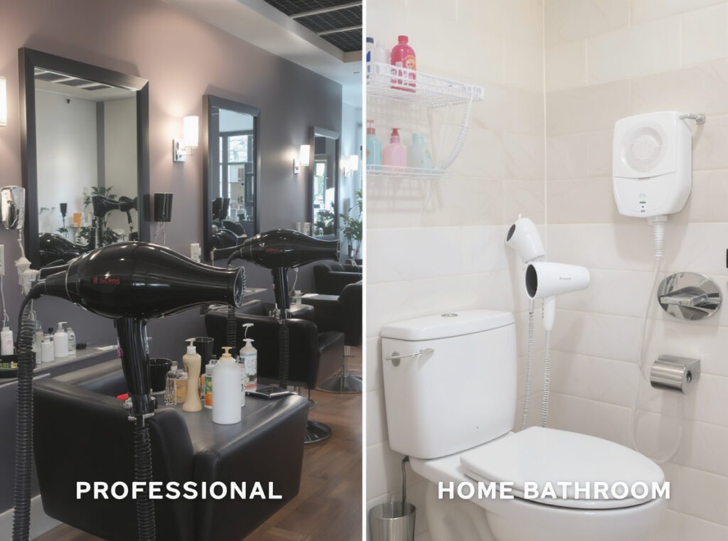 Professional salon hair dryers compared to home use models showing usage differences