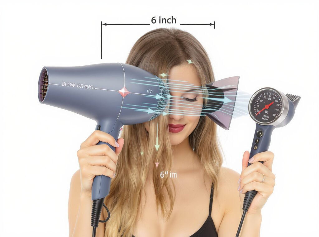 Optimal blow drying technique diagram 6 inch distance proper airflow direction temperature