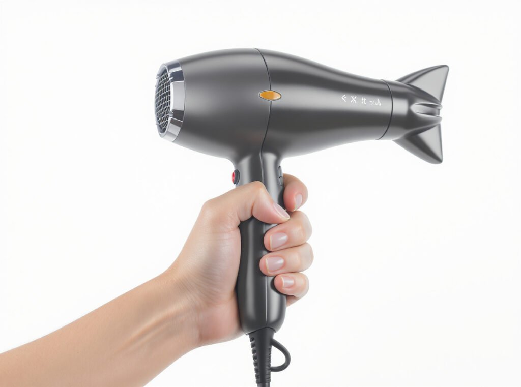 Ergonomic lightweight hair dryer design showing comfortable grip and balanced weight distribution for extended use