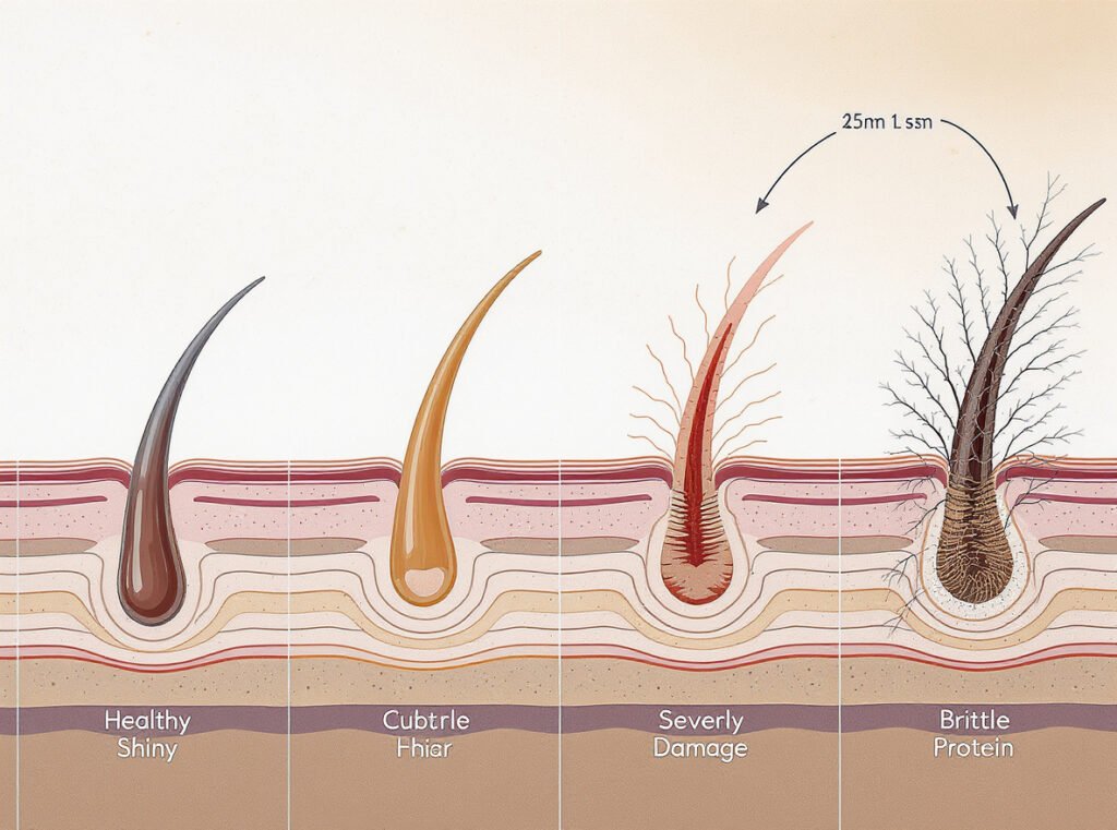 Long term heat damage progression timeline hair deterioration cuticle protein loss stages