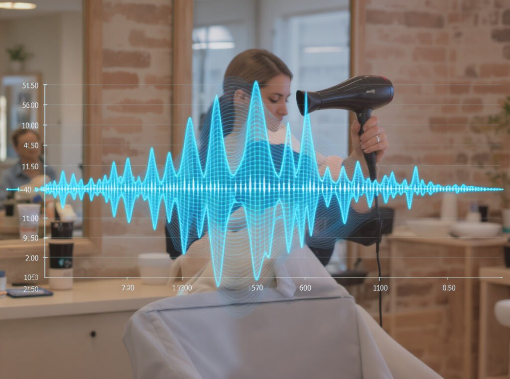 Hair dryer noise level comparison chart showing 60-90 decibel range with quiet salon environment