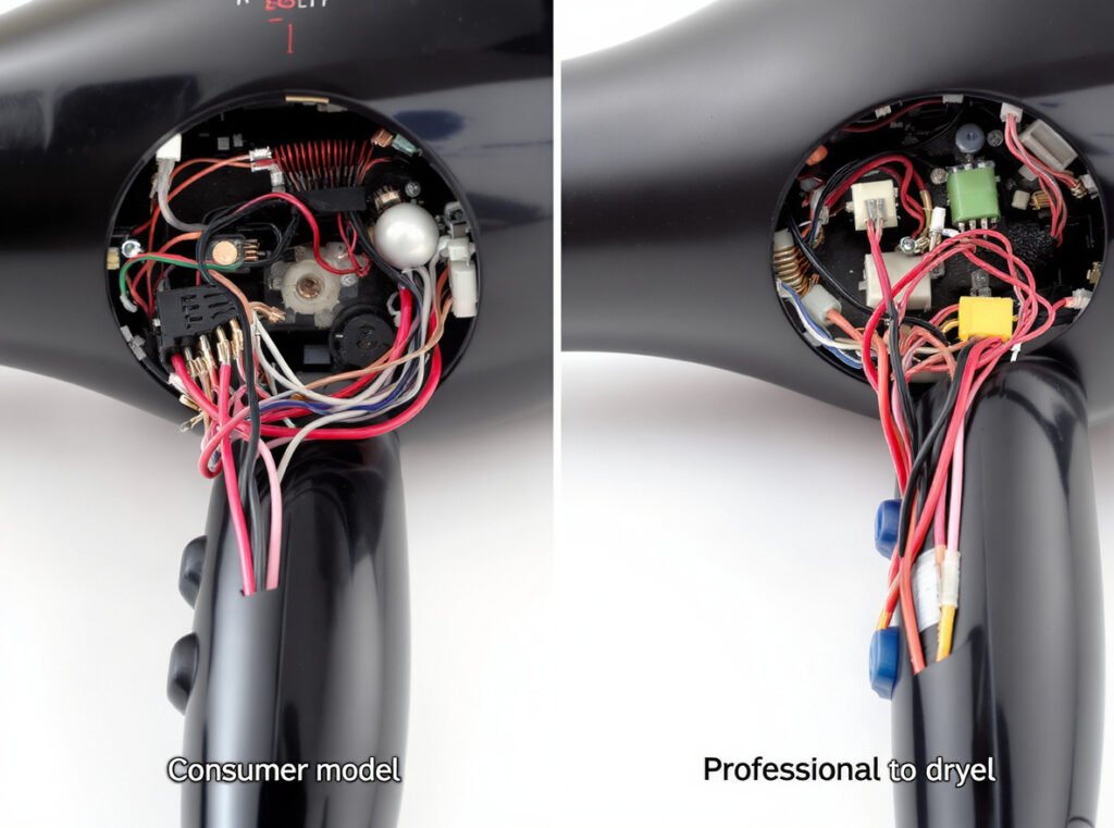 Professional vs consumer hair dryer internal wiring comparison showing upgraded components