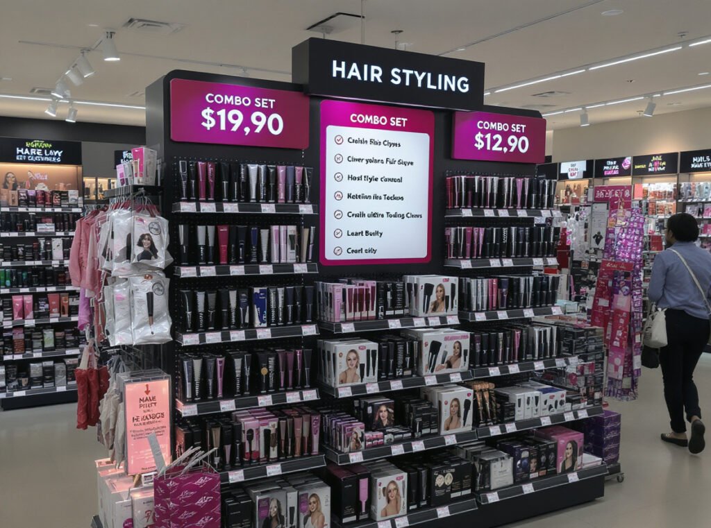 Retail hair dryer combo set display with strategic price tier positioning