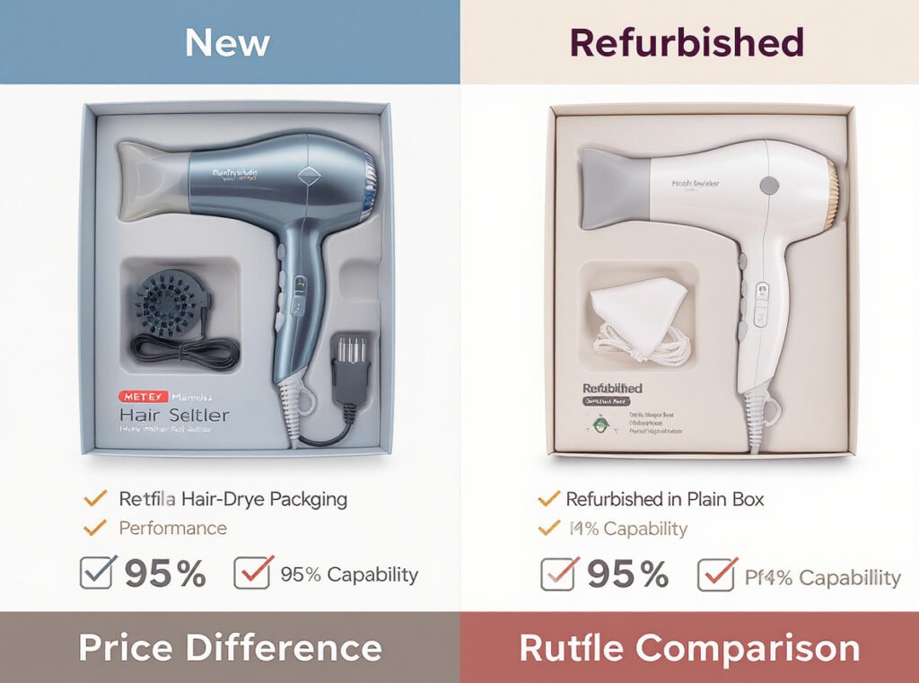 Direct comparison between new and refurbished hair dryers showing performance and price differences