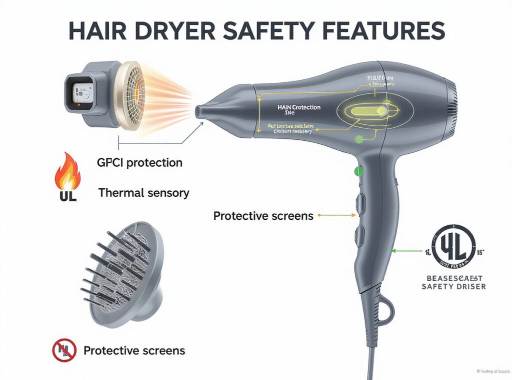 Hair dryer safety features diagram showing GFCI protection and safety certifications for bathroom use