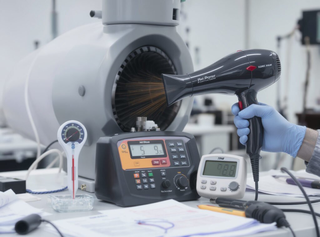 Professional hair dryer testing setup with measurement tools and evaluation equipment