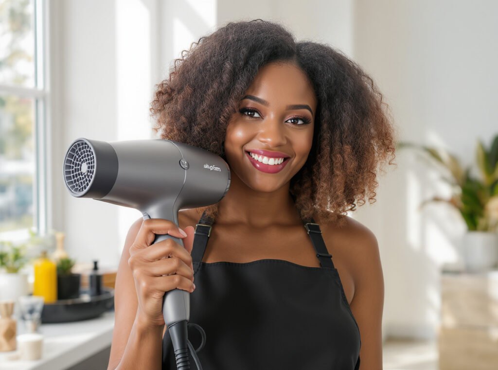 Satisfied customer with professionally styled hair using diffuser combo set