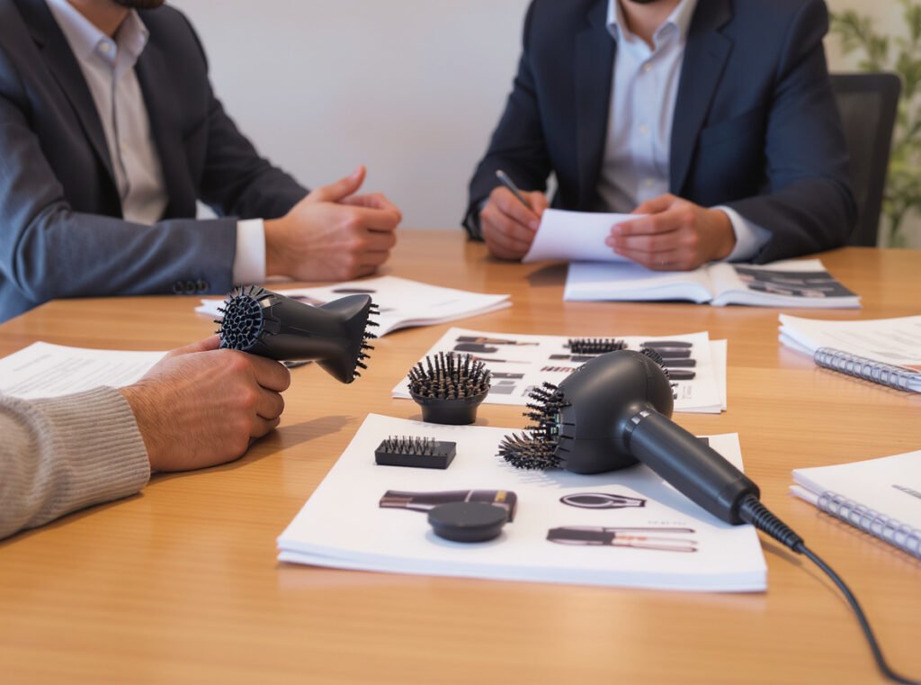 Wholesale hair dryer purchasing strategy meeting with product samples and business planning