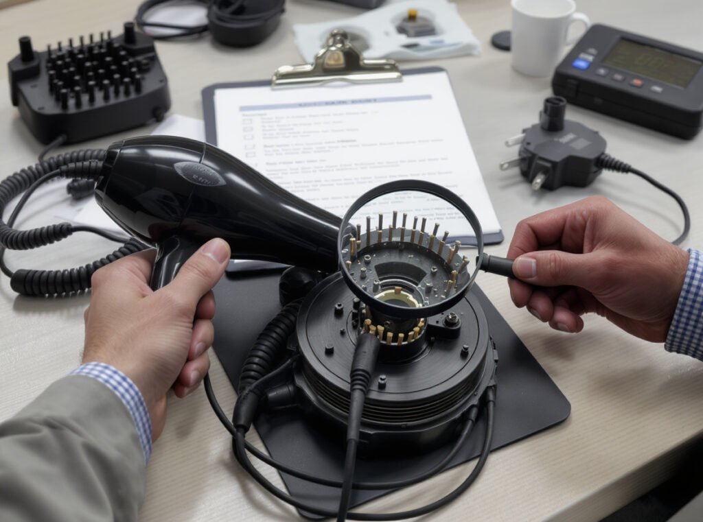 Professional inspection process for refurbished hair dryers focusing on safety and functionality