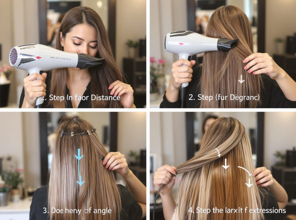 Step-by-step demonstration of proper hair extension drying technique with correct dryer positioning