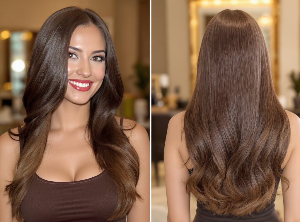 Beautiful healthy hair extensions styled with proper hair dryer technique showing glossy salon-quality results