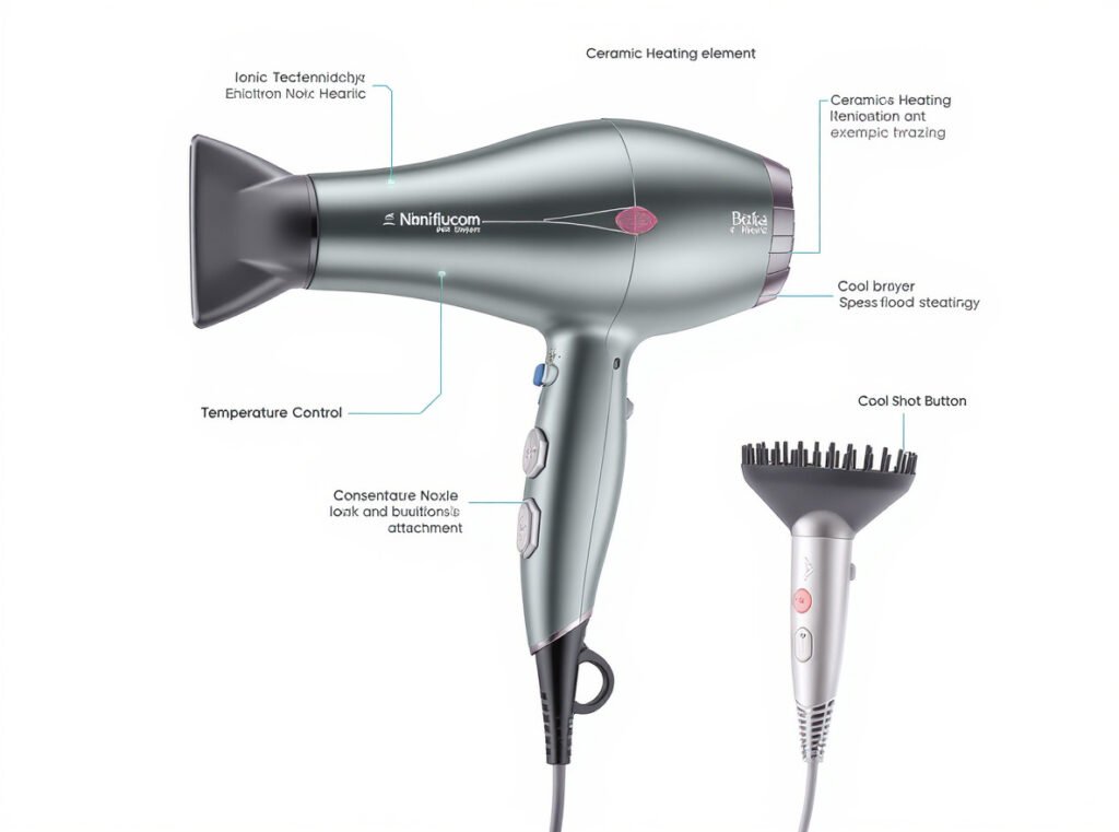 Professional hair dryer showing essential features for safe extension styling including ionic technology and temperature control