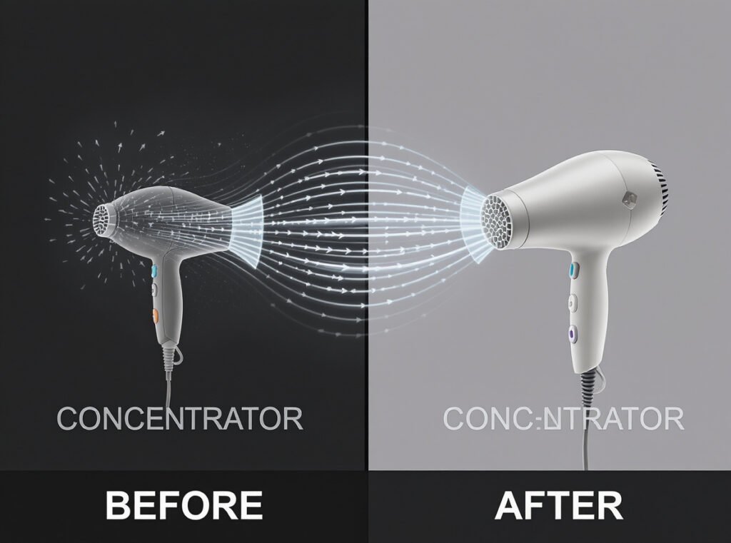 Hair dryer concentrator nozzle directing focused airflow for precise extension styling